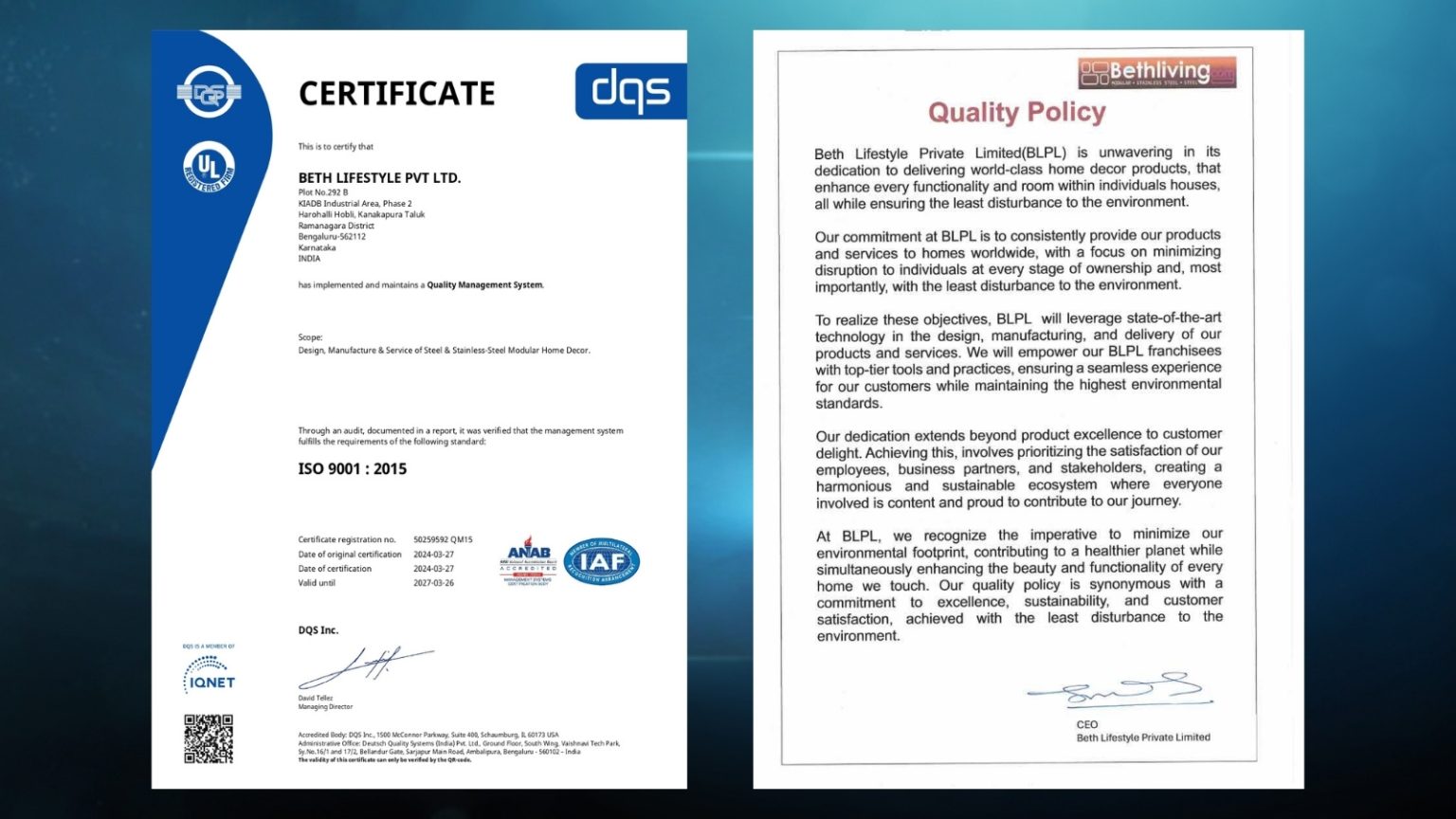Beth Lifestyle Pvt Ltd receiving ISO 9001:2015 certification for quality management