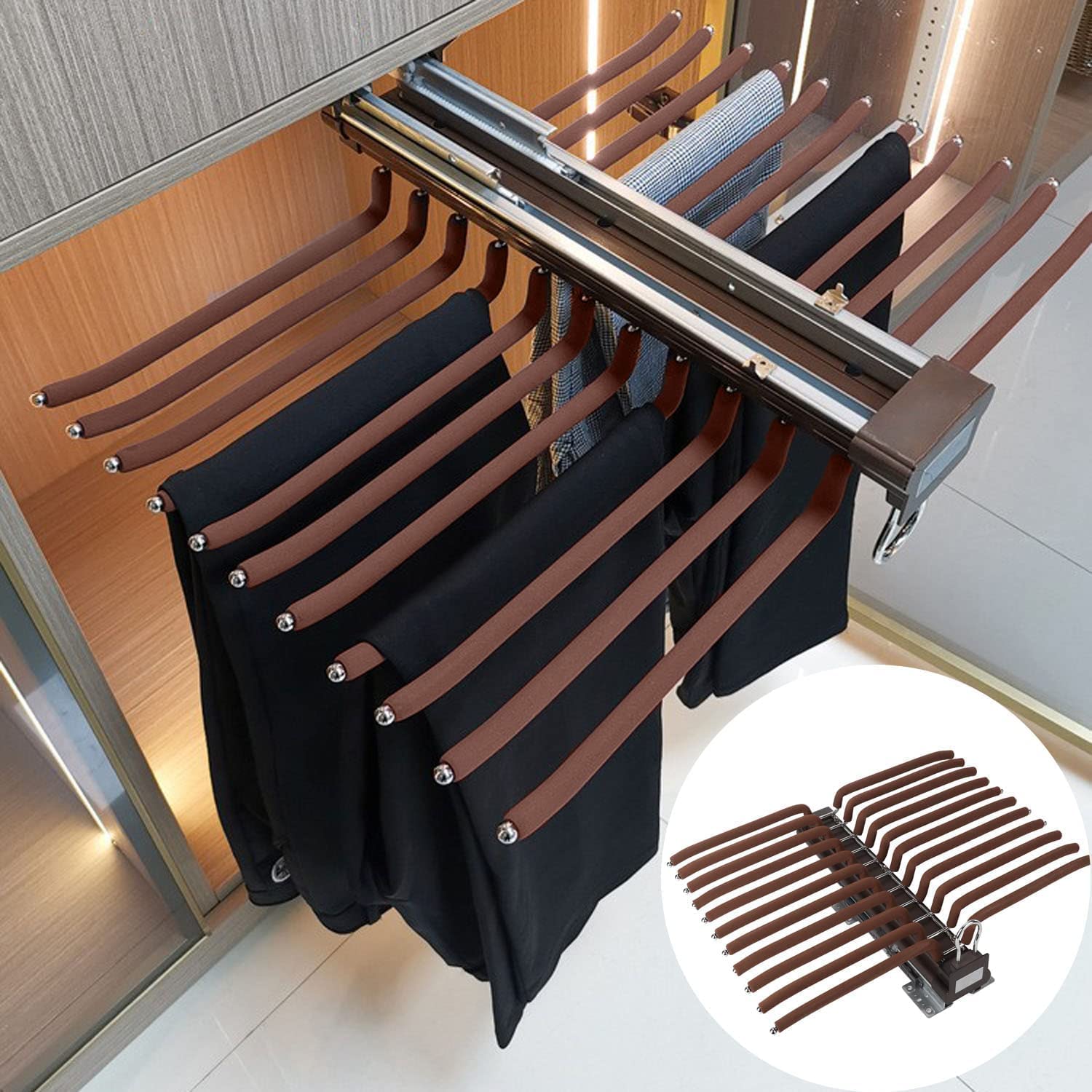 A securely mounted rack for hanging sarees and trousers in a wardrobe.